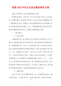党委2025年民主生活会整改落实方案