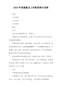 2025年党建重点工作配档表计划表