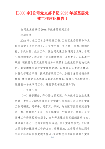 [3000字]公司党支部书记2025年抓基层党建工作述职报告1