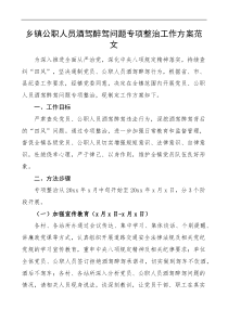 乡镇公职人员酒驾醉驾问题专项整治工作方案范文治理含拒绝酒驾醉驾承诺书