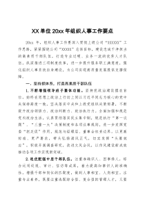 XX单位20XX年组织人事工作要点