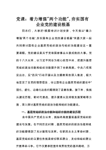 党课：着力增强“两个功能”，夯实国有企业党的建设根基