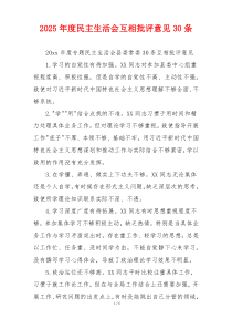 2025年度民主生活会互相批评意见30条