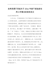 工作汇报自然资源厅党组关于20XX年度干部选拔任用工作情况的报告范文
