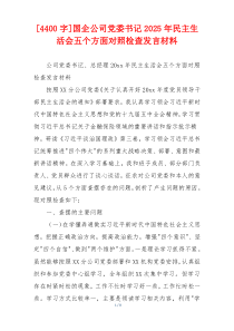 国企公司党委书记2025年民主生活会五个方面对照检查发言材料