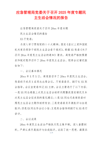 应急管理局党委关于召开2025年度专题民主生活会情况的报告