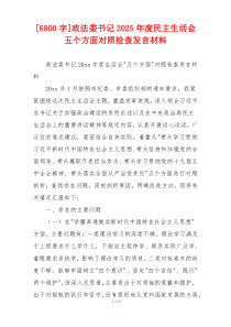政法委书记2025年度民主生活会五个方面对照检查发言材料