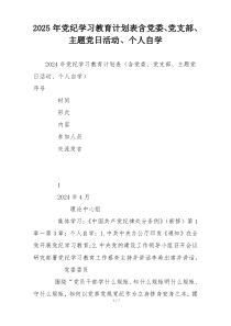 2025年党纪学习教育计划表含党委、党支部、主题党日活动、个人自学