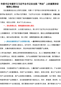 市委书记专题学习习近平总书记在全国“两会”上的重要讲话精神心得体会
