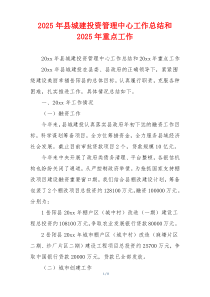 2025年县城建投资管理中心工作总结和2025年重点工作