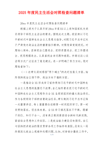 2025年度民主生活会对照检查问题清单