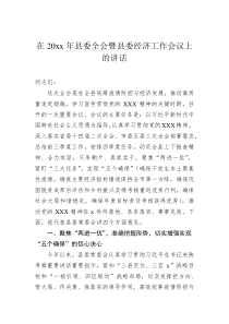 在20XX年县委全会暨县委经济工作会议上的讲话