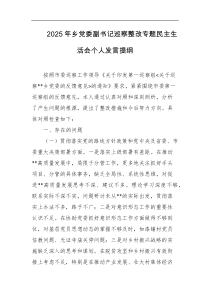 2025年乡党委副书记巡察整改专题民主生活会个人发言提纲