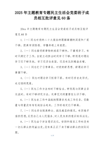 2025年主题教育专题民主生活会党委班子成员相互批评意见60条
