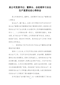 某公司党委书记、董事长、总经理学习安全生产重要论述心得体会