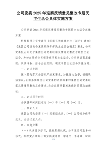 公司党委2025年巡察反馈意见整改专题民主生活会具体实施方案
