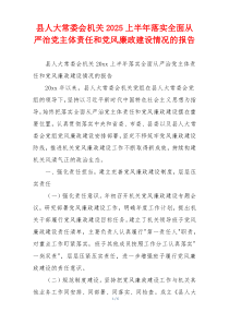 县人大常委会机关2025上半年落实全面从严治党主体责任和党风廉政建设情况的报告
