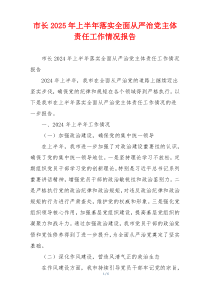 市长2025年上半年落实全面从严治党主体责任工作情况报告