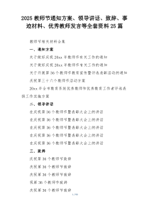 2025教师节通知方案、领导讲话、致辞、事迹材料、优秀教师发言等全套资料25篇