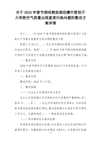关于2025年春节期间燃放烟花爆竹管控不力导致空气质量出现重度污染问题的整改方案详情