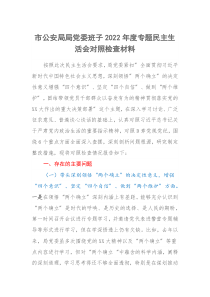 市公安局局党委班子20XX年度专题民主生活会对照检查材料