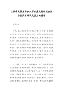 以普通党员身份参加所在党支部组织生活会及民主评议党员上的讲话