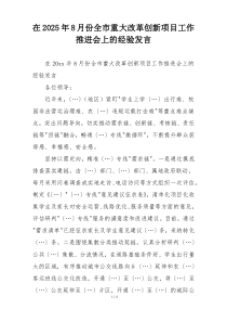 在2025年8月份全市重大改革创新项目工作推进会上的经验发言