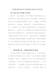 公司党支部2023年工作总结及2024年工作计划