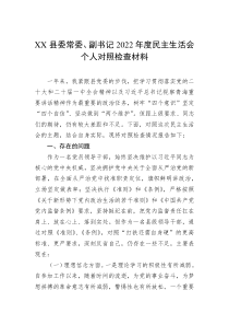 XX县委常委副书记20XX年度民主生活会个人对照检查材料