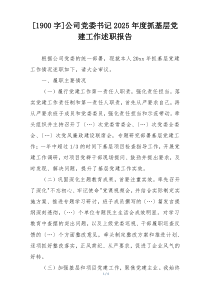 [1900字]公司党委书记2025年度抓基层党建工作述职报告