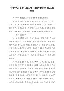 关于学习贯彻2025年主题教育推进情况的报告
