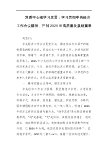 党委中心组学习发言学习贯彻中央经济工作会议精神开创2025年高质量发展新篇章