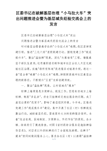 区委书记在破解基层治理“小马拉大车”突出问题推进会暨为基层减负经验交流会上的发言