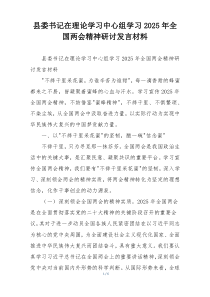 县委书记在理论学习中心组学习2025年全国两会精神研讨发言材料