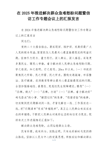 在2025年推进解决群众急难愁盼问题暨信访工作专题会议上的汇报发言
