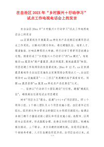 在自治区202X年“乡村振兴＋行动学习”试点工作电视电话会上的发言