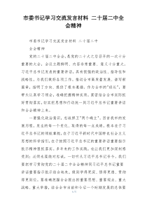 市委书记学习交流发言材料 二十届二中全会精神