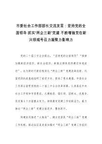 市委社会工作部部长交流发言坚持党的全面领导抓实两企三新党建不断增强党在新兴领域号召力凝聚力影响力