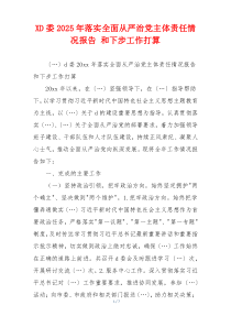 XD委2025年落实全面从严治党主体责任情况报告 和下步工作打算