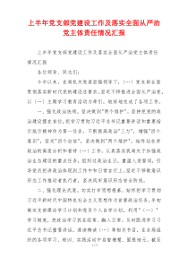 上半年党支部党建设工作及落实全面从严治党主体责任情况汇报