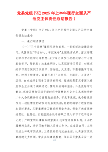 党委党组书记2025年上半年履行全面从严治党主体责任总结报告1