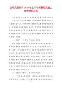 公司党委关于2025年上半年抓基层党建工作情况的总结