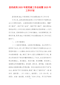县民政局2025年度党建工作总结暨2025年工作计划