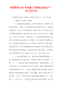 市国资委2025年党建工作情况总结及下一步工作计划