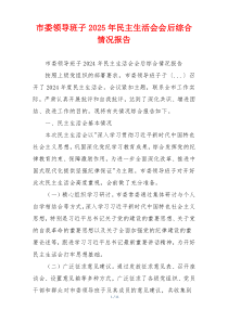 市委领导班子2025年民主生活会会后综合情况报告