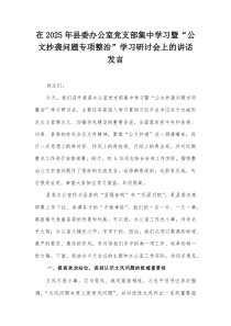 在2025年县委办公室党支部集中学习暨“公文抄袭问题专项整治”学习研讨会上的讲话发言