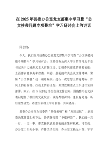 在2025年县委办公室党支部集中学习暨公文抄袭问题专项整治学习研讨会上的讲话
