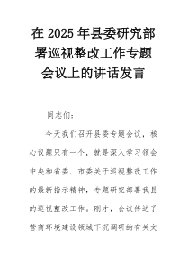 在2025年县委研究部署巡视整改工作专题会议上的讲话发言