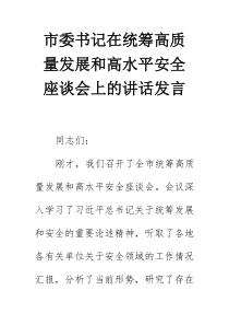 市委书记在统筹高质量发展和高水平安全座谈会上的讲话发言