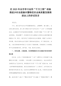 在2025年全市学习运用“千万工程”经验推进乡村全面振兴暨特优农业高质量发展推进会上的讲话发言
